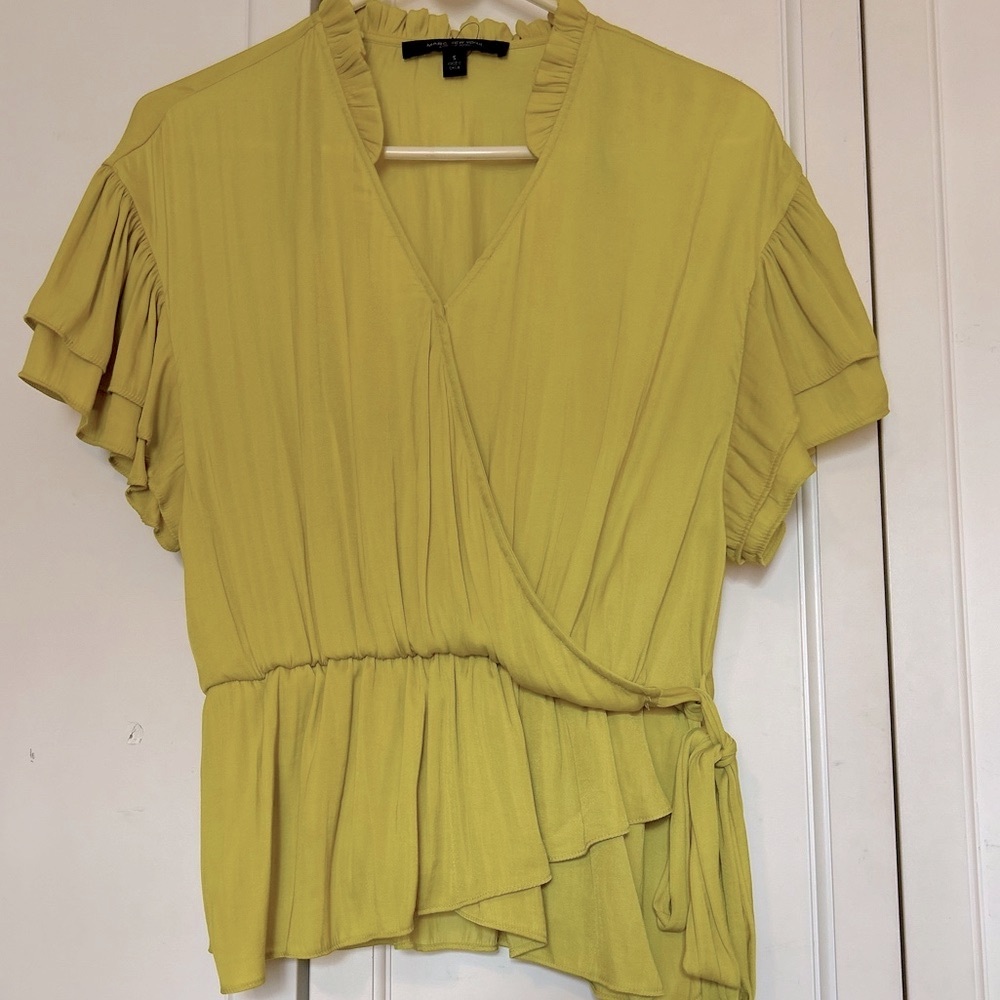 Marc New York Blouse Small Mustard Yellow Faux Wrap Tie-Waist Ruffle Accents